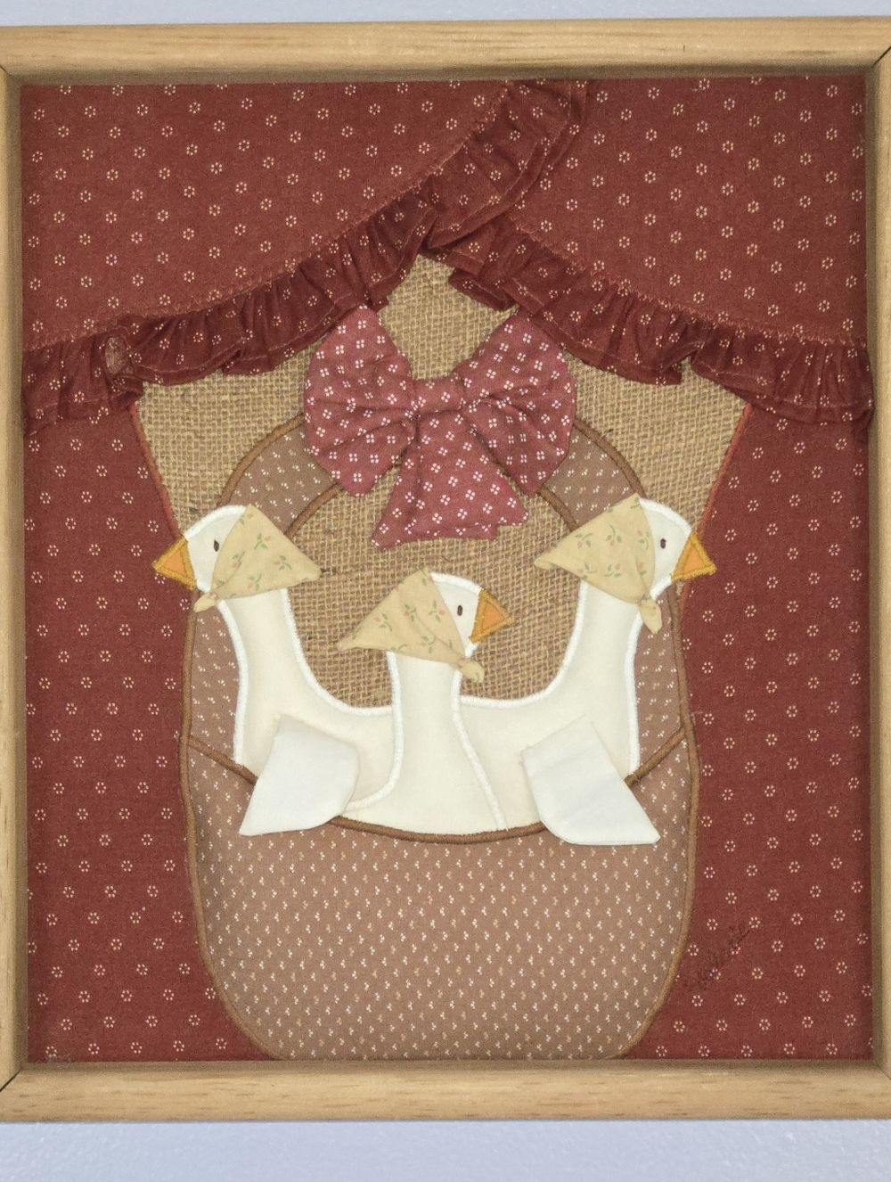 Valorie Sockwell Quilted Appliqué Baby Bird, Geese Vintage Framed 1986 Folk Art